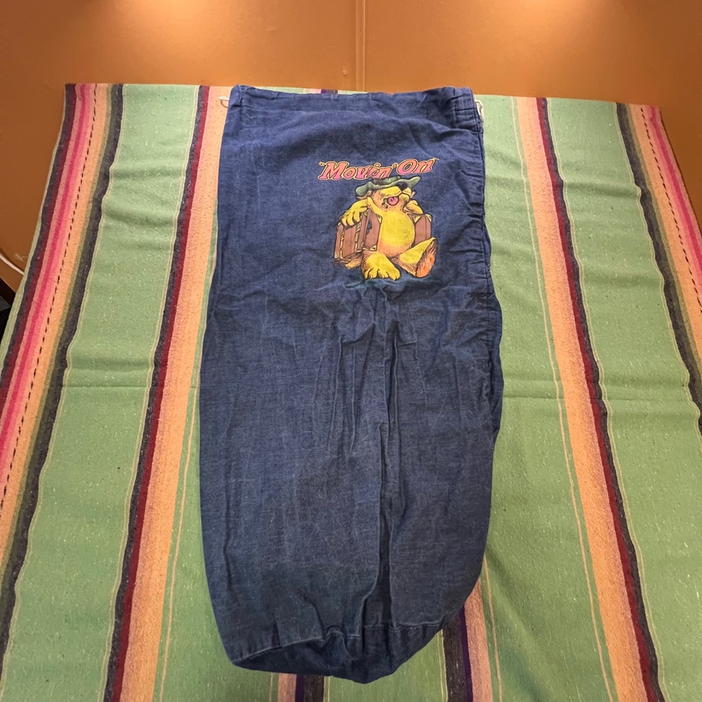 Vintage 1960s Roach Laundry Bag Blue Denim Movin On Travel Drawstring Storage